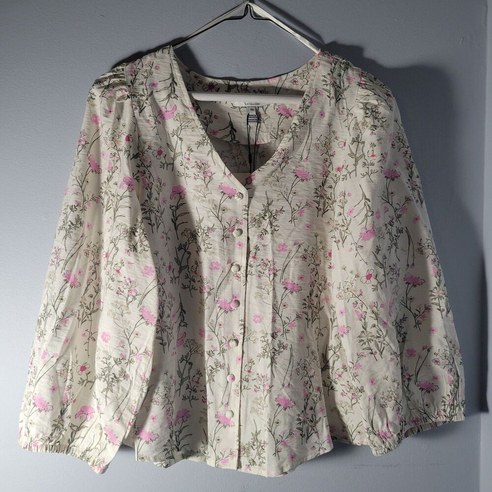 b.young White & Pink Floral Blouse 3/4 Balloon Sleeve Size S